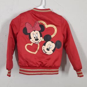 Disney Minnie Mouse Bomber Jacket Girls 7/8 Red Lined Insulated Full Zip Gold